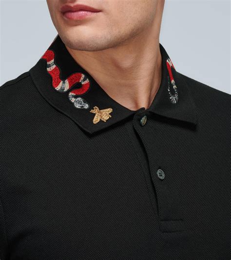 gucci snake shirt black|Gucci Black Stretch Cotton Snake Embroidered Collar Polo T.